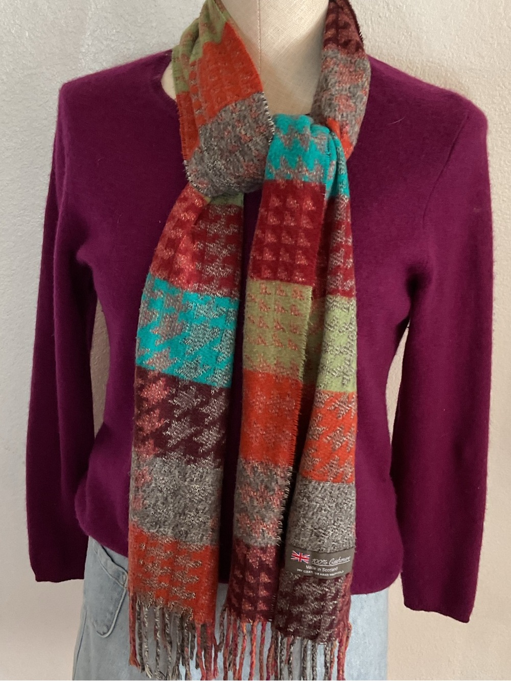 100% Cashmere Multicolor Fringed Scarf Autumn
